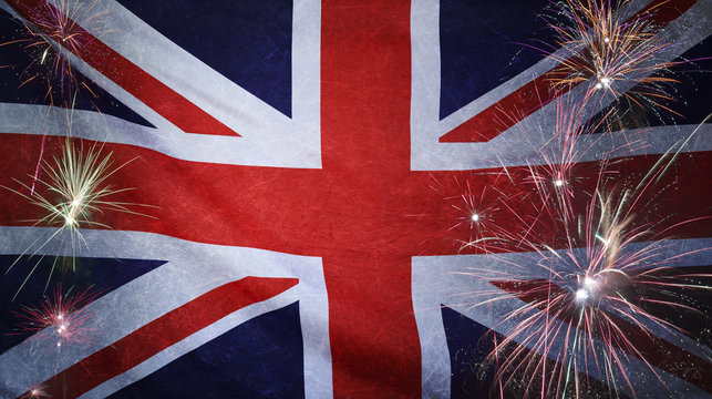 United Kingdom Flag Firework Grunge Concept real fabric - Powered by Adobe