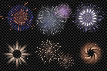 Set of isolated vector fireworks on transparent background