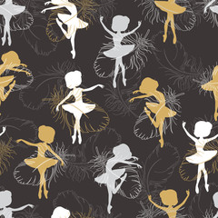 Pattern with silhouette of ballerina"s and feathers of swan.  Retro seamless pattern. Hand drawn illustration.  