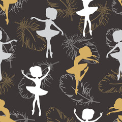 Pattern with silhouette of ballerina"s and feathers of swan.  Retro seamless pattern. Hand drawn illustration.   © Svetlana Ivanova
