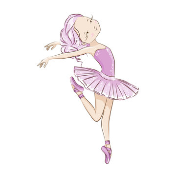Cute little dancer. Beautiful ballerina. Graceful little White Swan. She is dancer.  Slender legs in ballet slippers, pointe shoes. Hand drawn illustration.