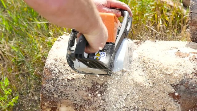 Cutting through wood with chainsaw in slow motion