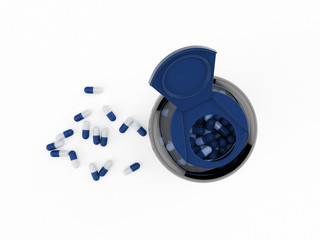 Blue plastic bottle with pills around it top view 3D illustration
