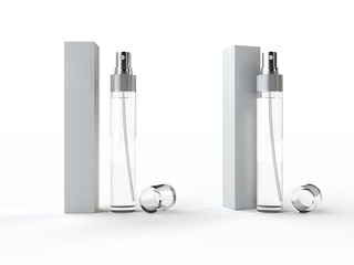 Glass perfume bottle with silver cap and white box 3d illustration