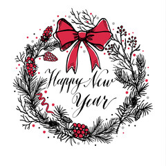 Hand drawn christmas wreath with red bow and calligraphic text.