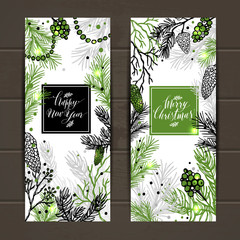 Merry Christmas greeting banners with new years tree and calligr