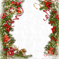Fototapeta na wymiar Christmas background with decorations border with bell, holly, p