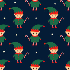 Christmas elf with candy cane seamless pattern on dark blue background. Cute winter holidays background. Baby design for textile, fabric, decor.