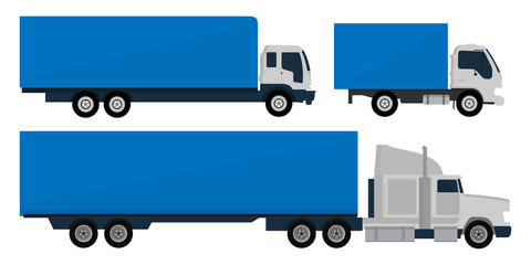 Set of trucks and trailers isolated white background. Trucks and semi-trucks. Vector illustration.