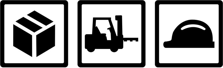 Warehouse worker icons - box, forklift and hard hat - obrazy, fototapety, plakaty