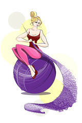 the girl is knitting a scarf on the ball of yarn, vector illustr