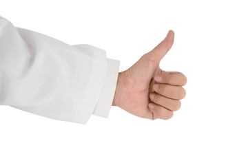 Thumb up / View of doctor hand show thumb up on white background.
