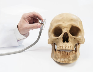 Stethoscope / View of hand holding stethoscope and skull on white background.