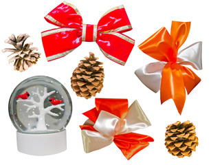 Set of cones, bows, toys on the Christmas tree. Isolated on white background
