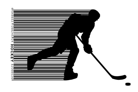 silhouette of a hockey player and barcode.