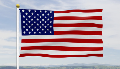 American flag waving in blue sky with clouds on a flag pole