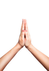 woman folds hands for prayer or plea, white background
