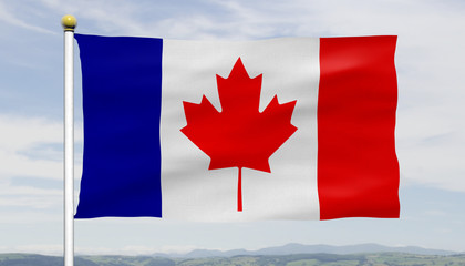 French Canadian conceptual flag on flowing in the wind on a flagpole over blue sky and couds, textured details