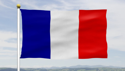 French tricolore flag; French flag flying in wind against blue sky and clouds on a flagpole