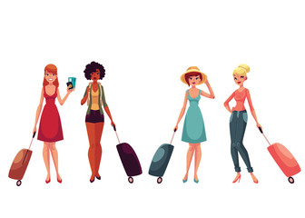 Set of young fashionable women, girls traveling with luggage, suitcases, cartoon illustration isolated on white background. Beautiful Caucasian and African American tourist girls with luggage