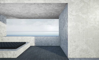Modern loft lounge on the Beach and Sky Background 