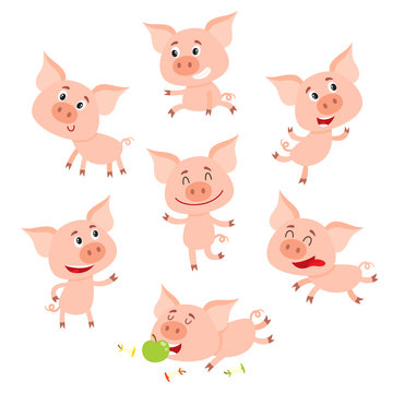 Funny little smiling pig in various poses, set of cartoon vector illustrations isolated on white background. Cute little pig standing, sitting, dancing, lying, eating, running happily,