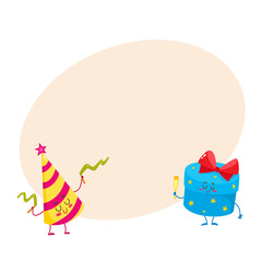 Cute and funny gift box and birthday hat characters, cartoon vector illustration on background with place for text. Smiling present, gift and paper core hat characters, birthday celebration party