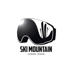 Black and white graphic mountain skiing goggles logo, vector illustration on white background. Mounting skiing logo design with skis and poles reflected in goggles, mask, glasses with sun rays