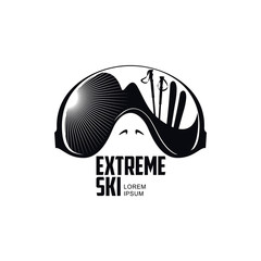 Black and white graphic mountain skiing goggles logo, vector illustration on white background. Mounting skiing logo design with skis, mountains and helicopter reflected in goggles, mask, glasses