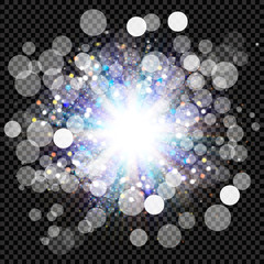 White glowing light burst explosion with transparent. Vector illustration for cool effect decoration with ray sparkles. Bright star. Transparent shine gradient glitter, bright flare. Glare texture.
