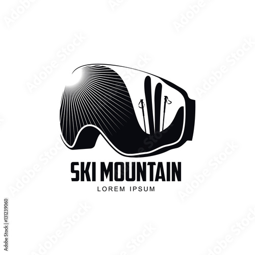 "Black and white graphic mountain skiing goggles logo, vector