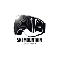 Black and white graphic mountain skiing goggles logo, vector illustration on white background. Mounting skiing logo design with skis and poles reflected in goggles, mask, glasses with sun rays