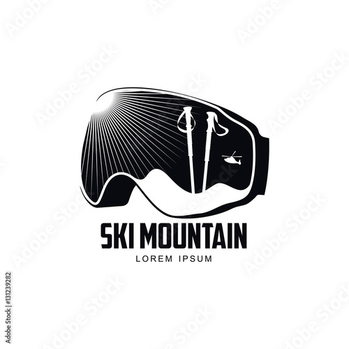 "Black and white graphic mountain skiing goggles logo, vector