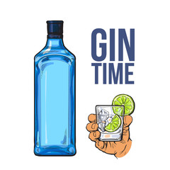 Blue gin bottle and hand holding glass with ice and lime, icolated sketch vector illustration. Realistic hand drawing of unlabeled, unopened bottle and gin on rocks cocktail for posters, postcards - obrazy, fototapety, plakaty