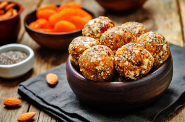Raw vegan dried apricots, dates, almonds Chia seed balls
