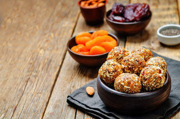 Raw vegan dried apricots, dates, almonds Chia seed balls