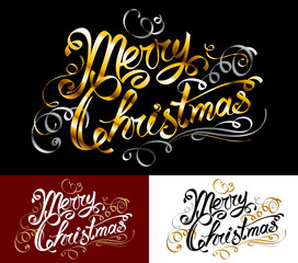 Merry Christmas text; Congratulatory inscription; Hand-drawn ink words; Lettering in old vintage design with vignettes, monograms and decorations; Golden ribbons; Vector set of greeting phrase Eps8
