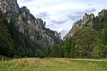 View of main road to Vratna Valley (Vratna Dolina) with unique rock formations located in the Mala Fatra (also Little Fatra or Lesser Fatra) mountain range in the Zilina Region, Slovakia. © efirma