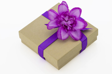 Wrapped vintage gift box with purple ribbon and flower isolated