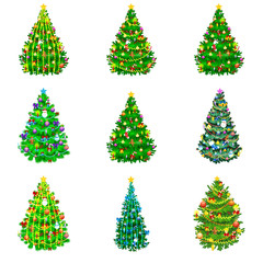 set of holiday decorated christmas tree isolated for celebrate xmass with ball gold bells candles stars lights candy and gingerbread men, glowing decor on fir branches