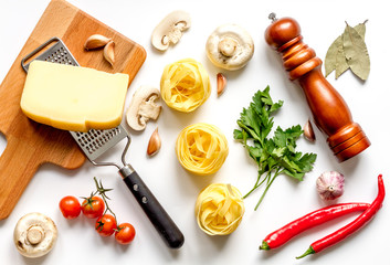 ingredients for cooking paste on white background top view