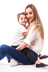 Happy family on white background. Mother and  small daughter