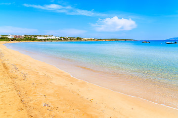 View of beautiful sandy Santa Maria beach with azure sea water on coast of Paros island, Greece