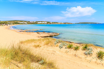 View of beautiful sandy Santa Maria beach with azure sea water on coast of Paros island, Greece