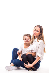 Fototapeta na wymiar Happy family on white background. Mother and small daughter