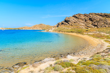 Beautiful beach with crystal clear sea water in Monastiri bay on Paros island, Greece