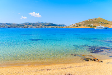 Beautiful beach with crystal clear sea water of Monastiri bay on Paros island, Greece