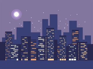 Night city background. Silhouette with stars and moon at the sky. Vector illustration.