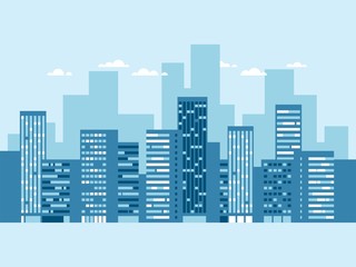 Urban landscape with buildings and clouds. Blue city silhouette. Cityscape background. Vector illustration.