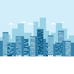 Urban landscape with buildings and clouds. Blue city silhouette. Cityscape background. Vector illustration.
